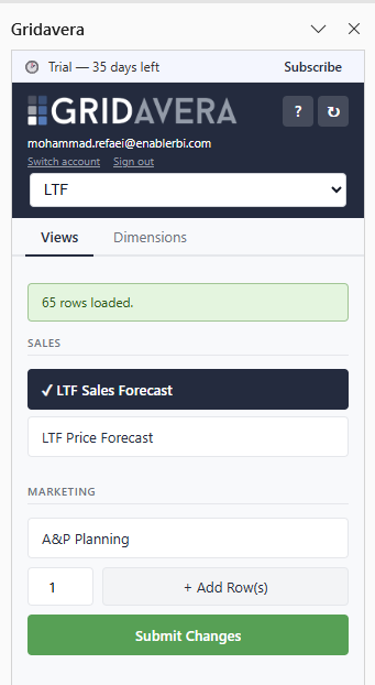 Gridavera task pane — Views, Dimensions, Submit Changes